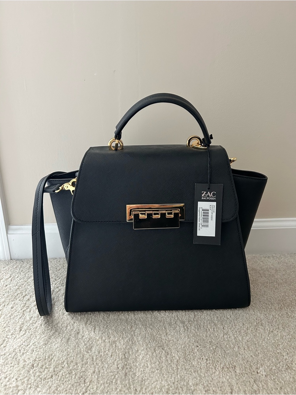 ZAC Zac Posen Black Structured Top-Handle Satchel with Gold Hardware